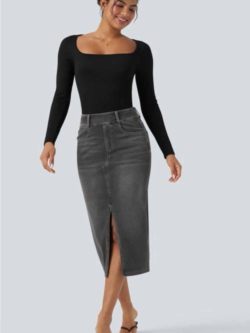 Halara Charcoal Midi Denim Skirt